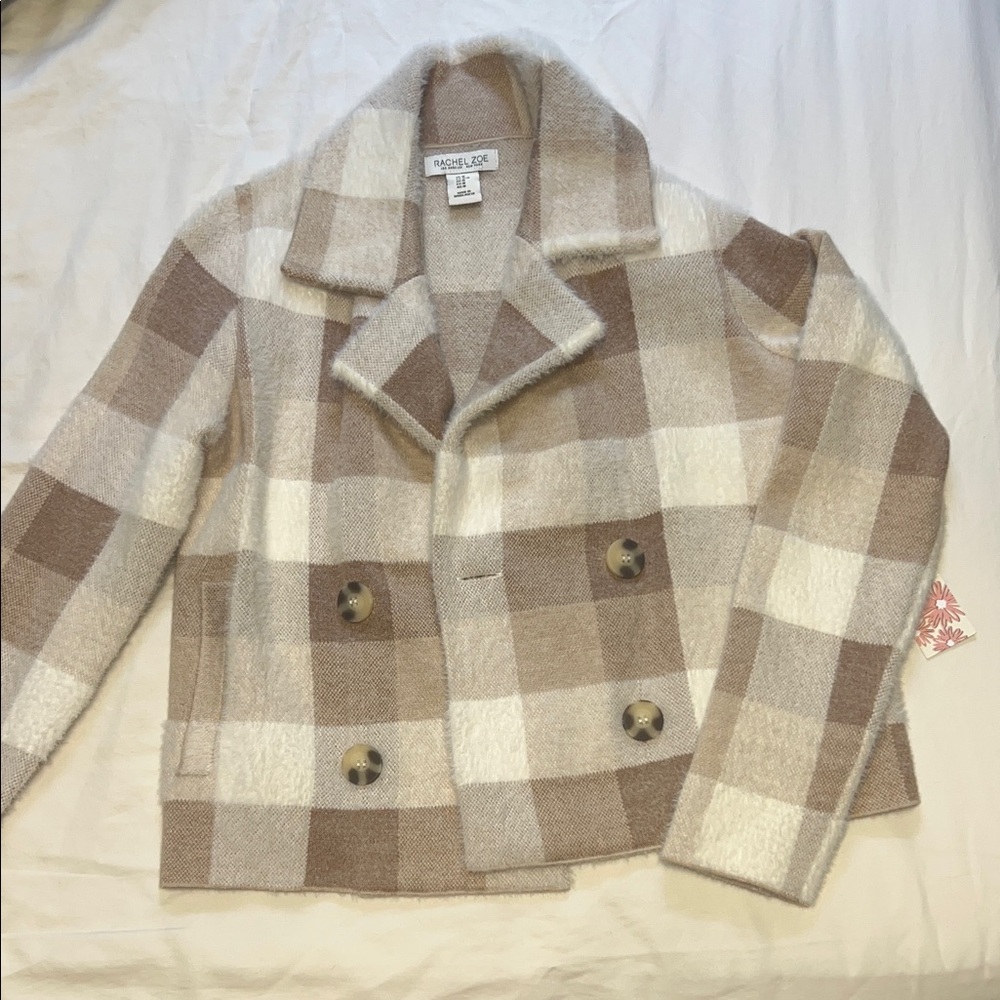 Rachel Zoe Checkered Wool Blend Coat in Cream and Brown
